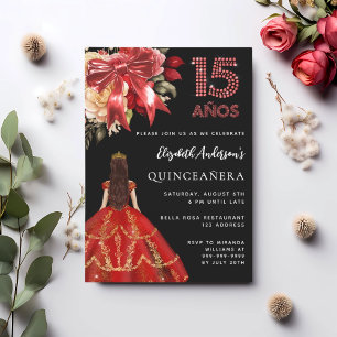 Quinceanera black red dress bow florals  invitation