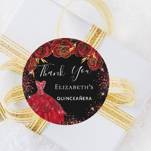Quinceanera black red dress florals Thank You Classic Round Sticker