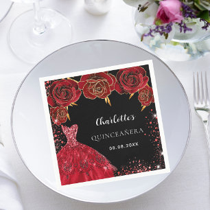 Quinceanera black red dress flowers napkin