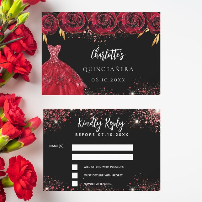 Quinceanera black red dress response RSVP card (Creator Uploaded)