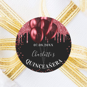 Quinceanera black red glitter balloons classic round sticker