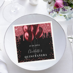 Quinceanera black red glitter balloons napkin