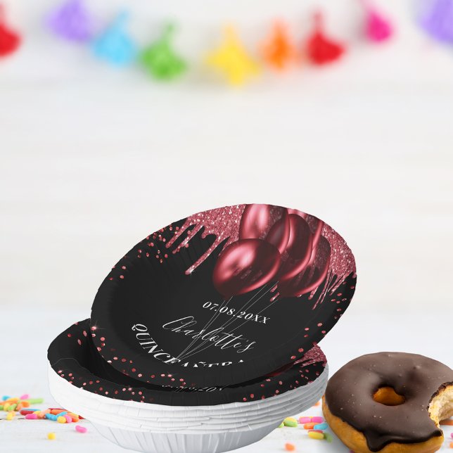 Quinceanera black red glitter balloons paper plate (Creator Uploaded)