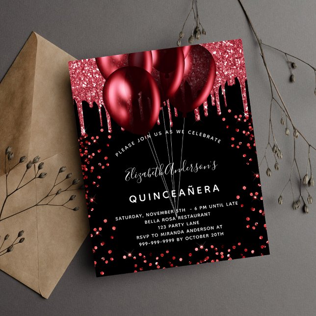 Quinceanera black red glitter budget invitation flyer (Creator Uploaded)
