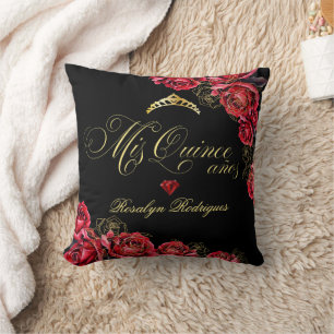 Quinceanera - black red gold decorations Sign  Cushion