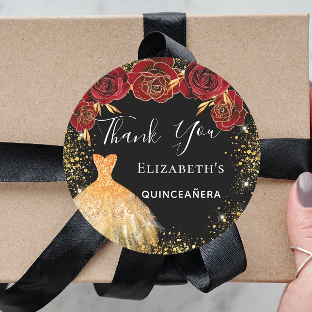 Quinceanera black red gold dress Thank You  Classic Round Sticker (Creator Uploaded)