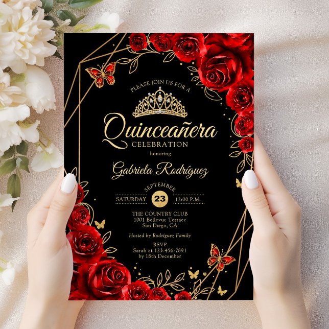Quinceanera Black Red Gold Floral Invitation (Creator Uploaded)