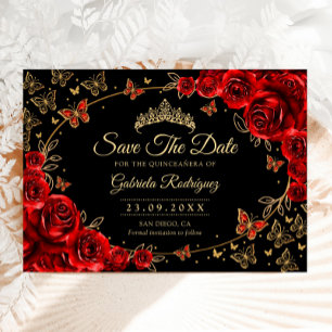 Quinceanera Black Red Gold Floral Save The Date