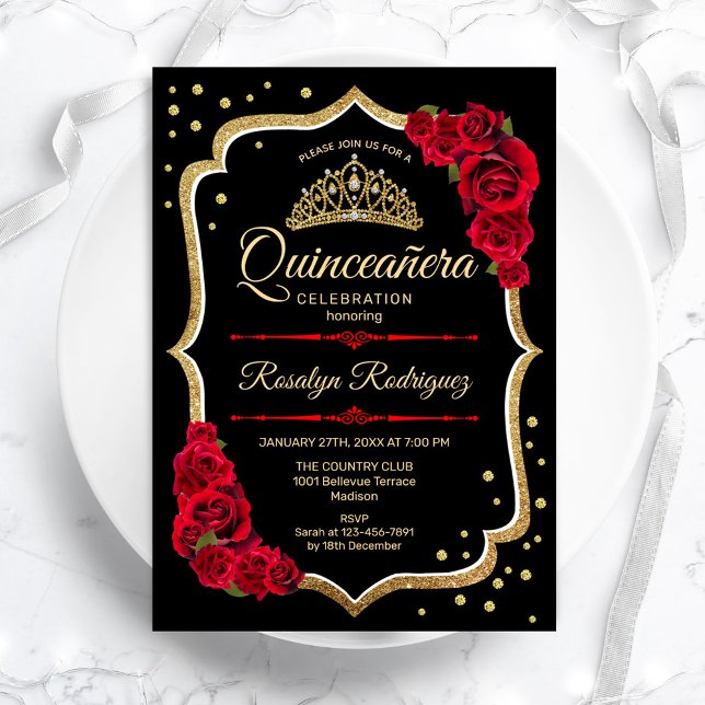 Quinceanera - Black Red Gold Invitation (Creator Uploaded)