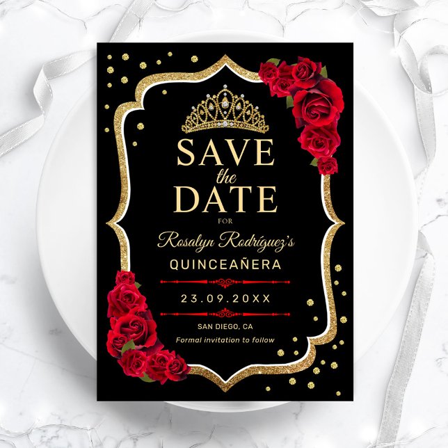 Quinceanera Black Red Gold Save The Date (Creator Uploaded)