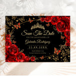 Quinceanera Black Red Roses Gold Save The Date<br><div class="desc">Black red roses and gold Quinceanera celebration Save The Date card. Features,  script font,  butterflies,  watercolor flowers and tiara. Perfect for an elegant princess style glam celebration. Personalize with your own details. Printed Zazzle cards or instant download digital printable template.</div>