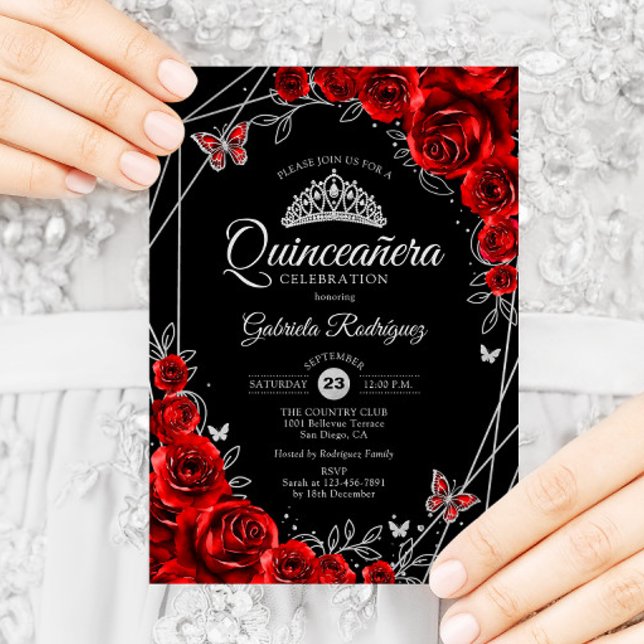Quinceanera Black Red Silver Floral Invitation (Creator Uploaded)