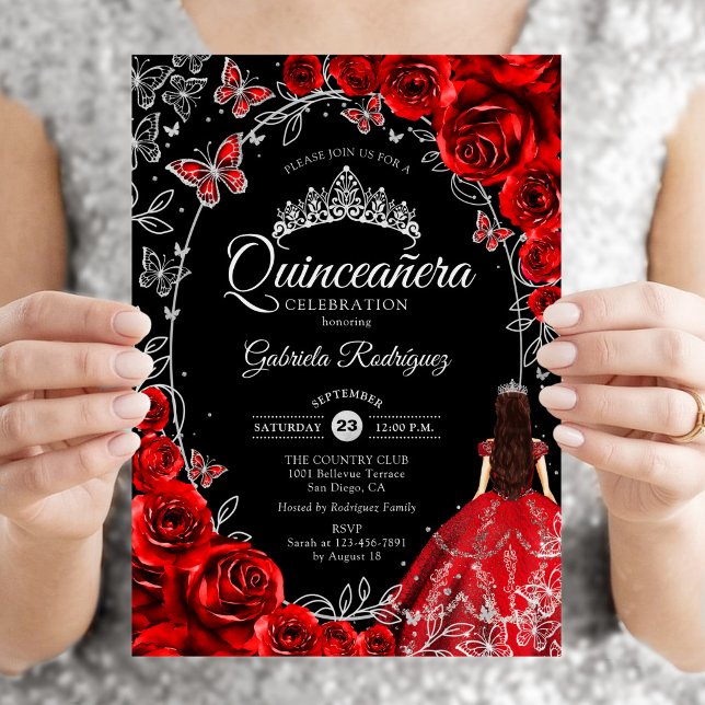 Quinceanera Black Red Silver Invitation (Creator Uploaded)