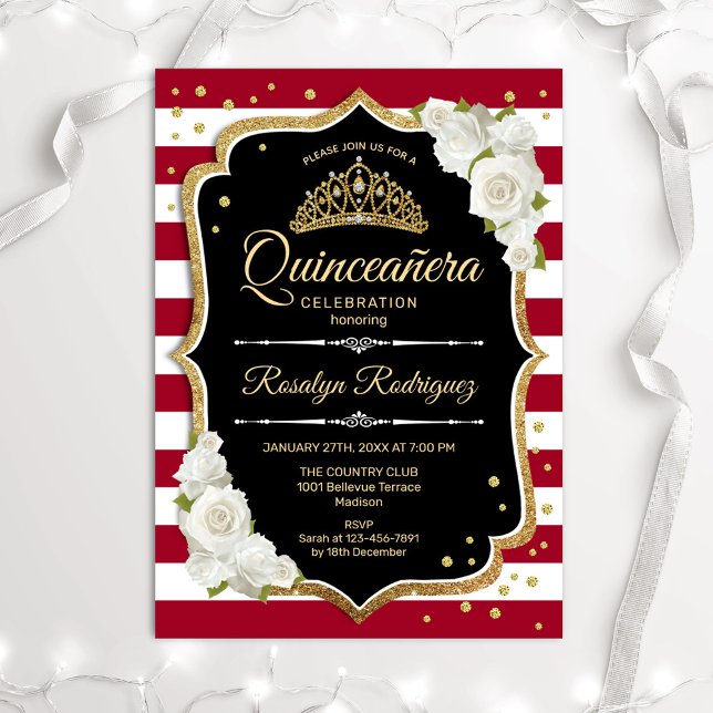 Quinceanera - Black Red White Gold Invitation (Creator Uploaded)