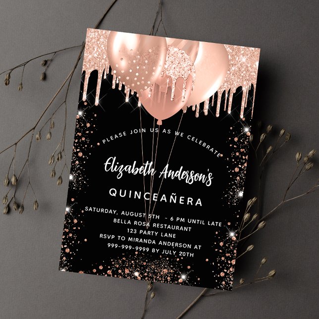Quinceanera black rose gold ballons glitter drips invitation postcard (Creator Uploaded)