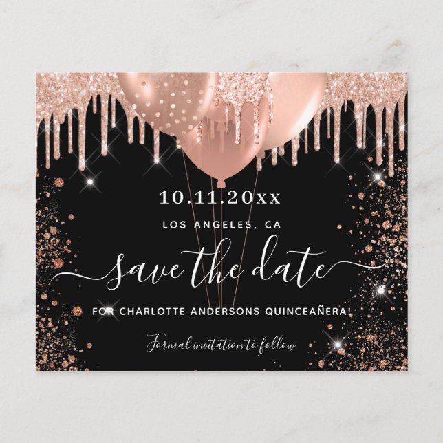 Quinceanera black rose gold budget save the date flyer (Front)