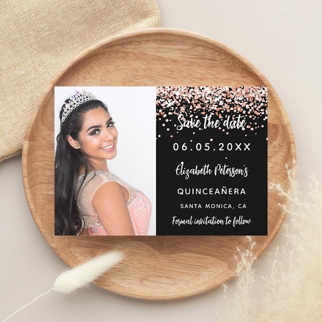 Quinceanera black rose gold photo  save the date (Creator Uploaded)