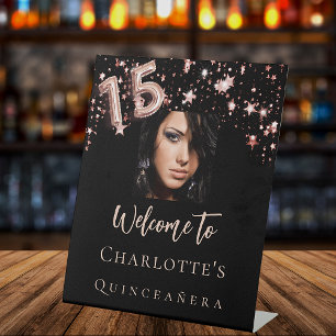 Quinceanera black rose gold photo stars welcome pedestal sign