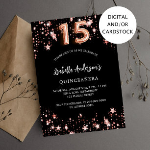 Quinceanera black rose gold stars invitation