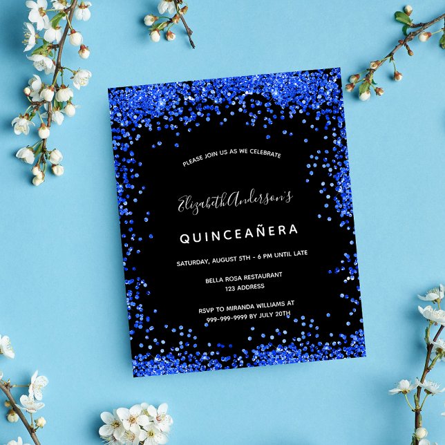Quinceanera black royal blue budget invitation flyer (Creator Uploaded)