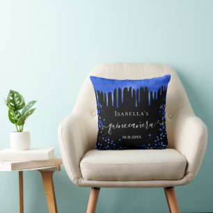 Quinceanera black royal blue glitter name cushion