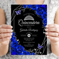 Quinceanera Black Royal Blue Silver Floral