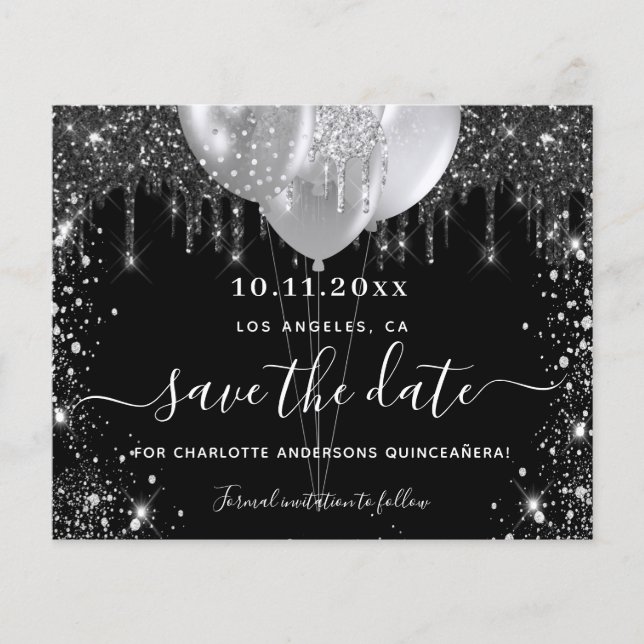 Quinceanera black silver budget save the date flyer (Front)