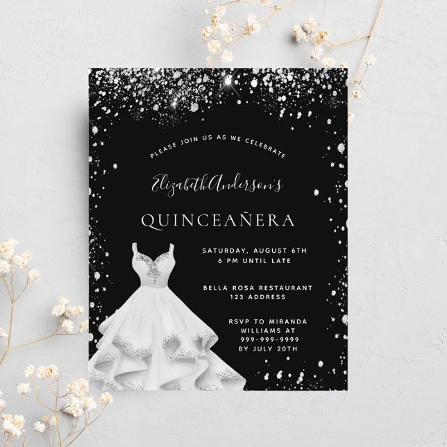 Quinceanera black silver glitter dress invitation (Creator Uploaded)
