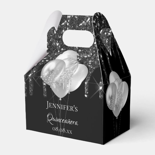 Quinceanera black silver glitter drips balloons favour box (Front Side)