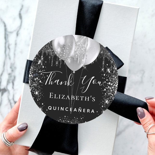 Quinceanera black silver glitter name thank you classic round sticker (Creator Uploaded)