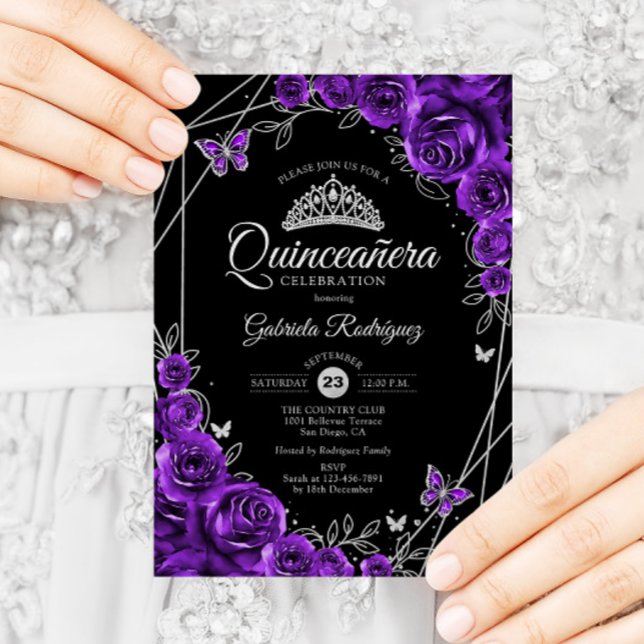 Quinceanera Black Silver Purple Floral Invitation (Creator Uploaded)