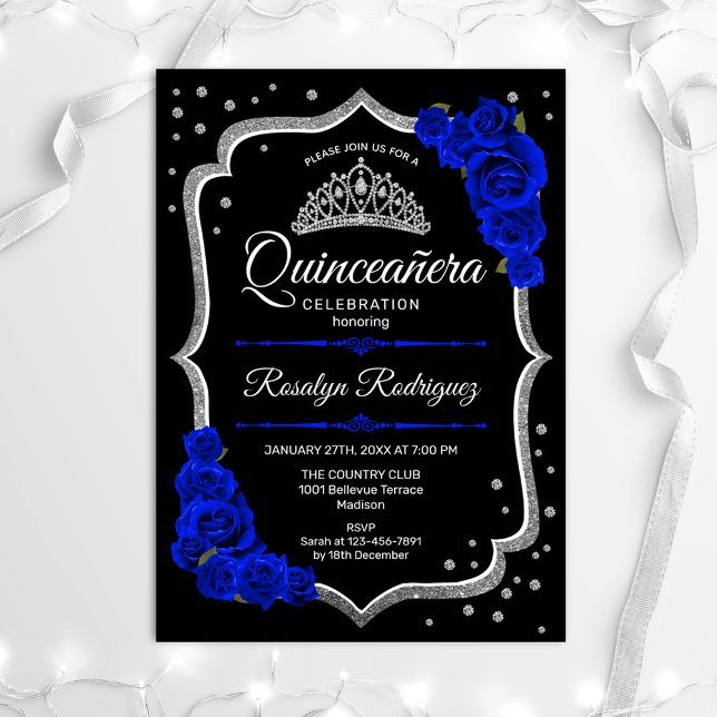 Quinceanera - Black Silver Royal Blue Invitation (Creator Uploaded)