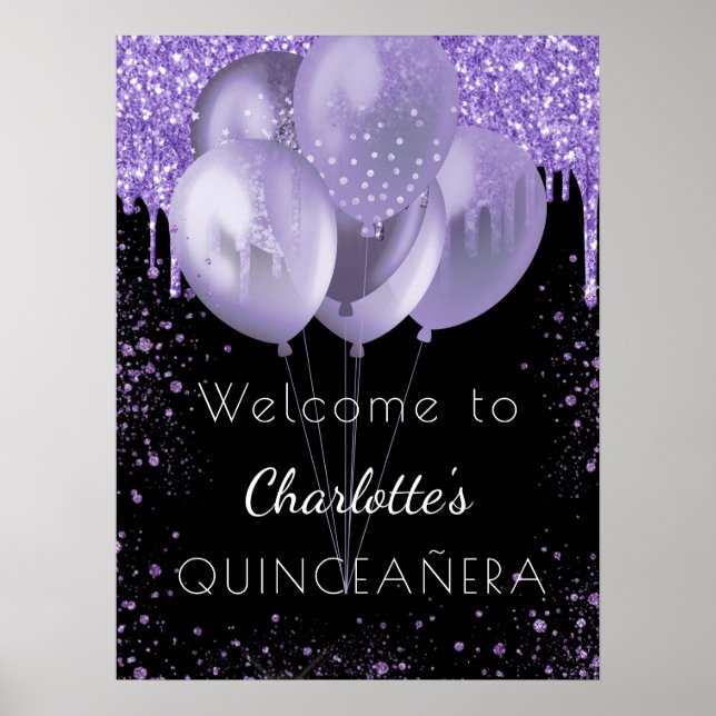 Quinceanera black violet glitter welcome balloons poster (Front)
