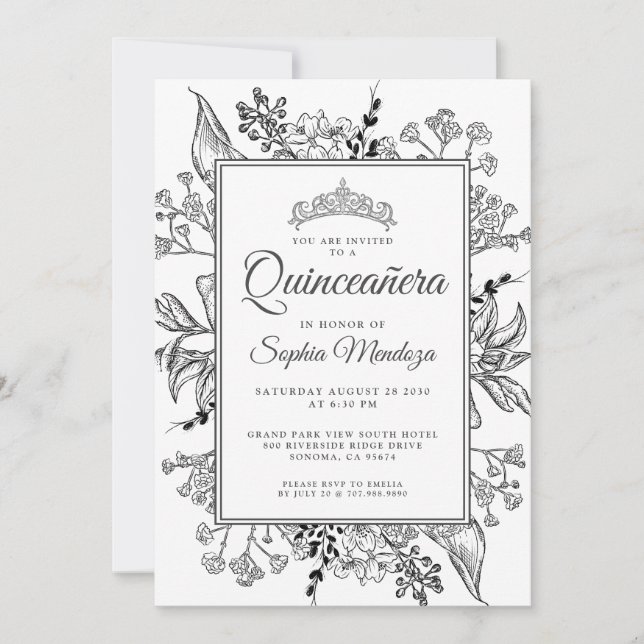 Quinceanera Black White Floral  Invitation (Front)