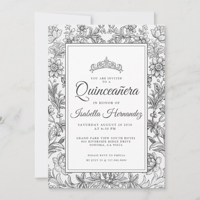 Quinceanera Black White Floral Tiara Invitation (Front)