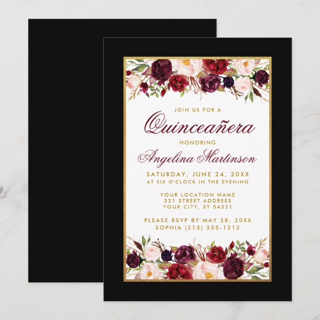 Quinceanera Black White Gold Burgundy Floral Invitation (Front/Back)
