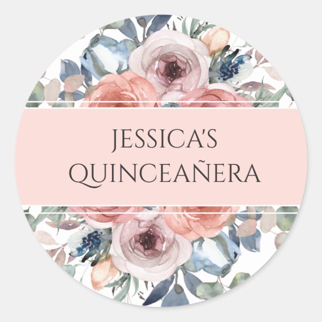 Quinceañera, Blissful Floral Envelope Seal/Favour Classic Round Sticker (Front)