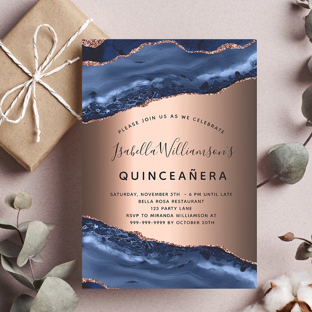 Quinceanera blue agate marble rose gold invitation postcard (Creator Uploaded)