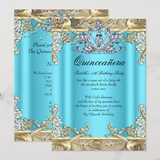 Quinceanera Blue Aqua Teal Gold 15th Birthday Invitation (Front/Back)