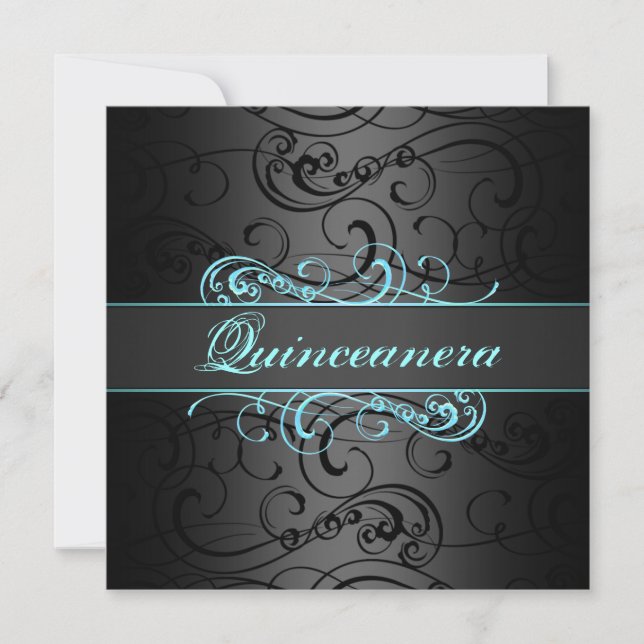 Quinceanera Blue & Black Swirl Birthday Invitation (Front)