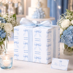 Quinceanera blue bow pearls wrapping paper