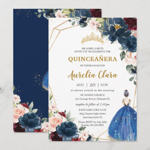 Quinceañera Blue Burgundy Blush Floral Princess  I Invitation