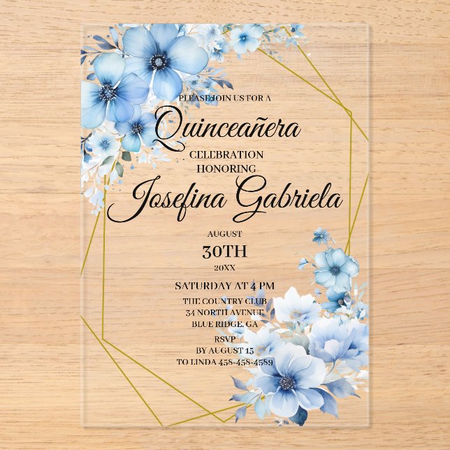 Quinceanera blue floral acrylic invitations (Front)