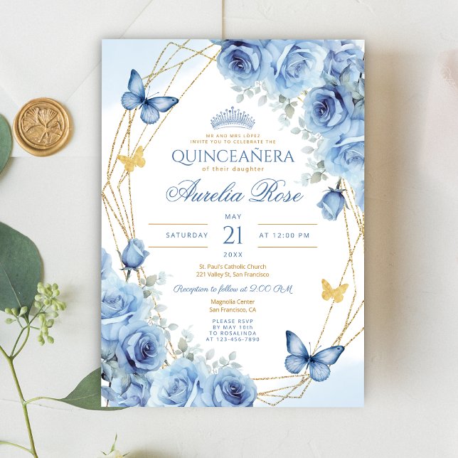 Quinceañera Blue Floral Gold Frame Butterfly Crown Invitation (Creator Uploaded)