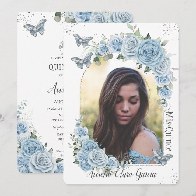 Quinceañera Blue Floral Princess Butterflies Photo Invitation (Front/Back)