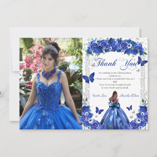 Quinceañera Blue Floral Princess Butterflies Photo Thank You Card (Front)