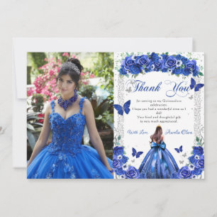 Quinceañera Blue Floral Princess Butterflies Photo Thank You Card