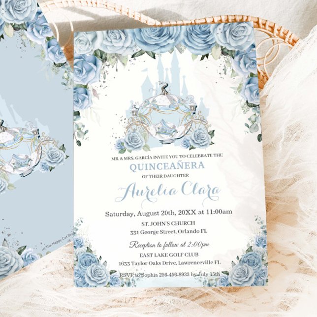 Quinceañera Blue Floral Princess Castle Carriage Invitation (Creator Uploaded)