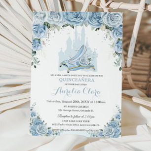 Quinceañera Blue Floral Princess Castle Glass Shoe Invitation