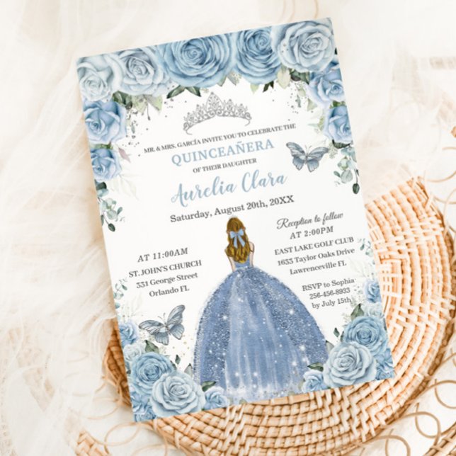 Quinceañera Blue Floral Silver Butterflies Blonde Invitation (Creator Uploaded)